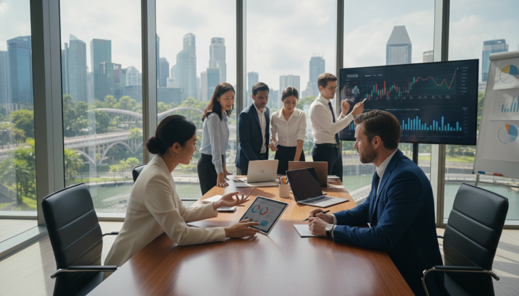 A photorealistic image of a foreign shareholder in a modern Singapore office environment. In the foreground, a professional-looking individual of Asian descent in elegant business attire, engaged in a discussion with an advisor, gesturing towards a document on a sleek table. In the middle, a diverse group of business professionals, including individuals from various ethnic backgrounds, can be seen collaborating, examining charts and laptops. The background features large glass windows showcasing Singapore's skyline with iconic skyscrapers and greenery. Bright, natural sunlight streams through the windows, creating a vibrant and uplifting atmosphere. The angle is slightly elevated, capturing the dynamic interaction and professional ambiance of the workspace without distractions or overlays.