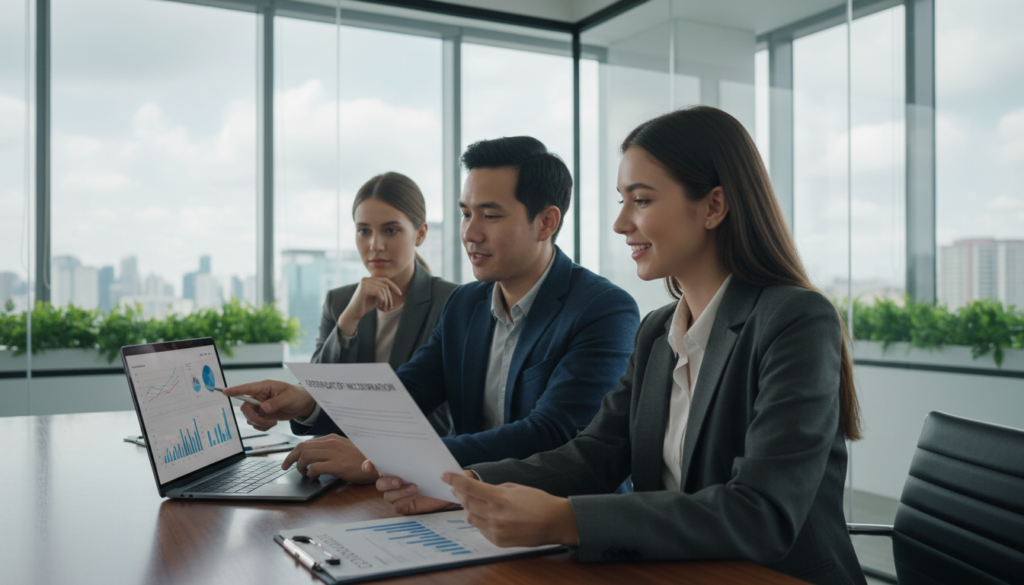 A photorealistic image of a modern business profile setting, showcasing a diverse group of three professionals discussing important documents. In the foreground, a woman in a tailored business suit reviews a certificate of incorporation, looking pleased. Beside her, a man in smart casual attire gestures towards a laptop displaying financial graphs. In the background, a sleek office environment with glass walls and greenery creates an inviting atmosphere. Soft, natural lighting filters in through large windows, accentuating the professionalism of the scene. The mood is optimistic and collaborative, symbolizing success and achievement in the company incorporation process.