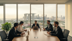 A photorealistic image of a modern office space bustling with activity, showcasing newly incorporated and start-up companies. In the foreground, a diverse group of professionals dressed in smart business attire engages in a brainstorming session around a stylish conference table filled with laptops, notebooks, and coffee cups. In the middle ground, large glass windows reveal a vibrant cityscape of Singapore, with iconic landmarks and skyscrapers reflecting the sunlight. The atmosphere is energetic and collaborative, with warm, natural lighting pouring in, creating a welcoming ambiance. On the walls, subtle charts and graphics hint at growth and innovation without being overly detailed. The perspective is slightly angled, capturing both the people in the workspace and the dynamic city beyond, conveying optimism and new beginnings in a thriving business environment.