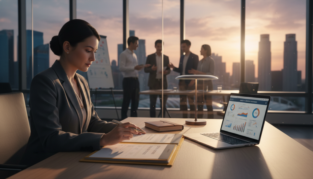 A photorealistic image of a professional business environment showcasing a corporate bank account setup. In the foreground, a well-dressed businesswoman in a tailored suit is sitting at a modern desk, reviewing documents. On the desk, there are opened folders, a laptop displaying a financial interface, and a sleek pen. In the middle ground, a glass partition shows a view of a bustling office environment with colleagues engaged in discussions. The background features large windows with a view of Singapore’s skyline, with the sun setting, casting warm golden light across the room. The overall mood is focused and professional, emphasizing the seriousness and importance of business banking.