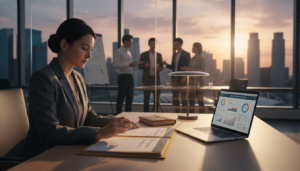 A photorealistic image of a professional business environment showcasing a corporate bank account setup. In the foreground, a well-dressed businesswoman in a tailored suit is sitting at a modern desk, reviewing documents. On the desk, there are opened folders, a laptop displaying a financial interface, and a sleek pen. In the middle ground, a glass partition shows a view of a bustling office environment with colleagues engaged in discussions. The background features large windows with a view of Singapore’s skyline, with the sun setting, casting warm golden light across the room. The overall mood is focused and professional, emphasizing the seriousness and importance of business banking.