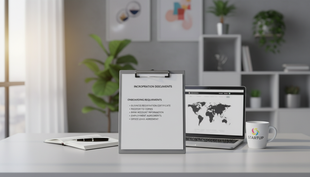 A photorealistic image of a well-organized documents checklist on a clean, professional desk. The foreground features a clipboard with a neatly printed checklist titled "Incorporation Documents" and "Onboarding Requirements," showcasing items like "Business Registration Certificate," "ID Copies," and "Bank Account Information." Surrounding the checklist are stylish office supplies such as a sleek pen, a laptop open to a business website, and a coffee cup. In the middle ground, soft natural light streams in from a large window, creating a warm and inviting atmosphere. The background includes a softly blurred view of a modern office with potted plants and minimalistic decor, emphasizing a professional setting for overseas entrepreneurs. Aim for a clean and focused composition that highlights organization and professionalism. A photorealistic image of a well-organized documents checklist on a clean, professional desk. The foreground features a clipboard with a neatly printed checklist titled "Incorporation Documents" and "Onboarding Requirements," showcasing items like "Business Registration Certificate," "ID Copies," and "Bank Account Information." Surrounding the checklist are stylish office supplies such as a sleek pen, a laptop open to a business website, and a coffee cup. In the middle ground, soft natural light streams in from a large window, creating a warm and inviting atmosphere. The background includes a softly blurred view of a modern office with potted plants and minimalistic decor, emphasizing a professional setting for overseas entrepreneurs. Aim for a clean and focused composition that highlights organization and professionalism.