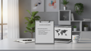 A photorealistic image of a well-organized documents checklist on a clean, professional desk. The foreground features a clipboard with a neatly printed checklist titled "Incorporation Documents" and "Onboarding Requirements," showcasing items like "Business Registration Certificate," "ID Copies," and "Bank Account Information." Surrounding the checklist are stylish office supplies such as a sleek pen, a laptop open to a business website, and a coffee cup. In the middle ground, soft natural light streams in from a large window, creating a warm and inviting atmosphere. The background includes a softly blurred view of a modern office with potted plants and minimalistic decor, emphasizing a professional setting for overseas entrepreneurs. Aim for a clean and focused composition that highlights organization and professionalism.