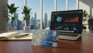 A photorealistic image of an employment pass on a sleek wooden desk, showcasing the card prominently in the foreground, illuminated by soft, natural daylight from a nearby window. The pass features a detailed design with intricate patterns and security elements, emphasizing its significance in the context of employment in Singapore. In the middle ground, an elegant laptop displays business charts, symbolizing company operations, while a stylish fountain pen lies beside a notepad, hinting at professional activities. The background includes a blurred view of a modern office with green plants and a cityscape visible through the glass, conveying a vibrant and dynamic atmosphere suitable for professionals. The overall mood is one of opportunity and growth as the employment pass signifies a gateway to working in Singapore.