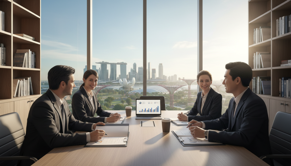 A photorealistic image showcasing a modern office environment symbolizing a limited company structure. In the foreground, a diverse group of professionals dressed in business attire are engaged in a discussion around a table filled with business documents and a laptop displaying charts and graphs. In the middle ground, a large window offers a view of Singapore's skyline, highlighting iconic buildings. The background features shelves filled with books about business and entrepreneurship. The lighting is bright and natural, creating an inviting atmosphere, with early morning sunlight streaming in, casting soft shadows. The overall mood is professional, focused, and collaborative, emphasizing the importance of choosing the right business structure.