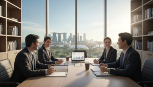 A photorealistic image showcasing a modern office environment symbolizing a limited company structure. In the foreground, a diverse group of professionals dressed in business attire are engaged in a discussion around a table filled with business documents and a laptop displaying charts and graphs. In the middle ground, a large window offers a view of Singapore's skyline, highlighting iconic buildings. The background features shelves filled with books about business and entrepreneurship. The lighting is bright and natural, creating an inviting atmosphere, with early morning sunlight streaming in, casting soft shadows. The overall mood is professional, focused, and collaborative, emphasizing the importance of choosing the right business structure.