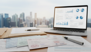 A photorealistic image showcasing a neatly organized desk table cluttered with various business licenses and regulatory documents symbolizing compliance in Singapore. In the foreground, a close-up of colorful licenses, some stamped with official seals, alongside a laptop displaying business-related charts. In the middle, an open folder reveals additional paperwork, while a stylish pen rests nearby. The background features a softly blurred cityscape of Singapore, under a bright, sunny sky, suggesting a professional atmosphere. The lighting is warm and inviting, highlighting the textures of the papers and reflecting a sense of opportunity and diligence for overseas entrepreneurs looking to set up business in Singapore.
