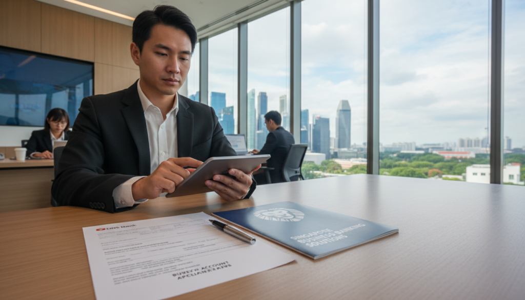 A photorealistic image showcasing the process of opening a business bank account in Singapore. In the foreground, a professional-looking Asian businessman in a tailored suit is seated at a sleek, modern desk, reviewing documents on his tablet. In the middle, a detailed close-up of a bank application form and a Singapore bank brochure is placed neatly on the desk, with a stylish pen beside them. The background features a bright, contemporary bank interior with soft natural lighting filtering through large glass windows, highlighting the vibrant cityscape of Singapore outside. The atmosphere is one of professionalism and ambition, with a sense of clarity and focus, ideal for illustrating the business banking process.