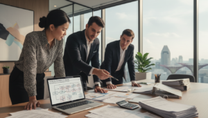 A photorealistic office setting in Singapore depicting a diverse group of professionals reviewing financial documents related to partial tax exemption. In the foreground, a businesswoman in a stylish blouse is analyzing tax charts on a laptop, while a businessman in a tailored suit points at a financial report on the table. The middle ground features stacks of tax forms and a calculator. The background includes modern office decor with large windows showcasing the Singapore skyline, allowing natural light to illuminate the scene, creating a productive and optimistic atmosphere. The setting conveys a sense of teamwork and strategic planning, emphasizing the theme of financial incentives for startups.