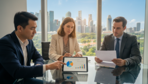 A photorealistic office setting with a diverse group of three professionals discussing finances at a sleek glass conference table. In the foreground, a male consultant in a navy suit points to a digital tablet displaying tax charts and graphs, symbolizing partial tax exemption. The middle ground features a female entrepreneur in smart casual attire taking notes, while a thoughtful man in a gray suit looks at a document titled "Tax Benefits". The background showcases a large window with a view of Singapore's skyline, bright natural light flooding the room, creating a warm, optimistic atmosphere. The focus is on collaboration and understanding financial relief, reflecting the essence of partial tax exemption in a dynamic startup environment.
