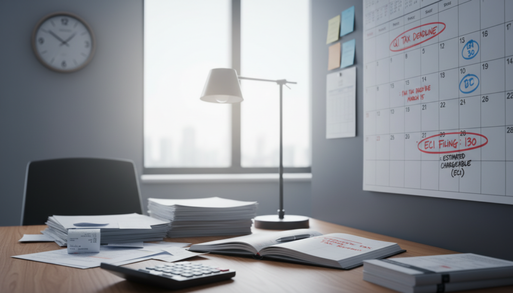 A photorealistic office workspace displaying a calendar prominently marked with important due dates. In the foreground, a wooden desk cluttered with financial documents and a calculator, hinting at tax calculations. The middle layer features a close-up of an open planner, showing dates circled in red for filing corporate tax returns and Estimated Chargeable Income (ECI). In the background, a large window allows soft natural light to illuminate the space, giving a clean and organized feel. A minimalistic clock on the wall ticks softly, creating a sense of urgency. The atmosphere is focused and professional, with a subdued color palette of blues and grays, suggesting a corporate environment. No people are present, ensuring a clean visual focus on the due date theme.
