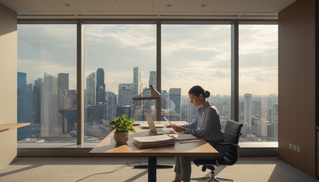 A photorealistic registered office environment, showcasing a sleek, modern office space. In the foreground, a polished wooden desk with a laptop, scattered documents, and a potted plant. Middle ground features a large window allowing natural light to flood the space, casting soft shadows. Outside, the silhouette of Singapore's skyline is visible, with high-rise buildings in the background. The atmosphere is professional yet inviting, with soft, warm lighting creating a productive ambiance. Include a business professional in modest attire, reviewing documents at the desk, focused and engaged. The camera angle is slightly elevated, capturing both the desk and the view outside, emphasizing the connection between the office and the city. A photorealistic registered office environment, showcasing a sleek, modern office space. In the foreground, a polished wooden desk with a laptop, scattered documents, and a potted plant. Middle ground features a large window allowing natural light to flood the space, casting soft shadows. Outside, the silhouette of Singapore's skyline is visible, with high-rise buildings in the background. The atmosphere is professional yet inviting, with soft, warm lighting creating a productive ambiance. Include a business professional in modest attire, reviewing documents at the desk, focused and engaged. The camera angle is slightly elevated, capturing both the desk and the view outside, emphasizing the connection between the office and the city.