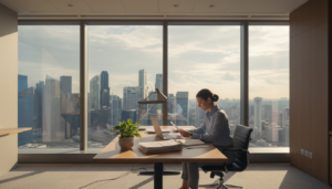 A photorealistic registered office environment, showcasing a sleek, modern office space. In the foreground, a polished wooden desk with a laptop, scattered documents, and a potted plant. Middle ground features a large window allowing natural light to flood the space, casting soft shadows. Outside, the silhouette of Singapore's skyline is visible, with high-rise buildings in the background. The atmosphere is professional yet inviting, with soft, warm lighting creating a productive ambiance. Include a business professional in modest attire, reviewing documents at the desk, focused and engaged. The camera angle is slightly elevated, capturing both the desk and the view outside, emphasizing the connection between the office and the city.