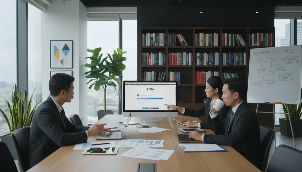 A photorealistic representation of a remote incorporation process in a modern office environment. In the foreground, a diverse group of three professionals—two men and one woman—dressed in smart business attire, are engaged in a video conference on a large screen showing the ACRA website. They are seated at a sleek conference table, surrounded by digital documents and laptops. In the middle ground, the office features contemporary decor, including plants and art, with light streaming in through large windows, creating a bright and inviting atmosphere. The background should include a bookshelf filled with business books and a whiteboard with flow diagrams related to incorporation. The overall mood is collaborative and focused, conveying efficiency and professionalism in a digital workspace. A photorealistic representation of a remote incorporation process in a modern office environment. In the foreground, a diverse group of three professionals—two men and one woman—dressed in smart business attire, are engaged in a video conference on a large screen showing the ACRA website. They are seated at a sleek conference table, surrounded by digital documents and laptops. In the middle ground, the office features contemporary decor, including plants and art, with light streaming in through large windows, creating a bright and inviting atmosphere. The background should include a bookshelf filled with business books and a whiteboard with flow diagrams related to incorporation. The overall mood is collaborative and focused, conveying efficiency and professionalism in a digital workspace.