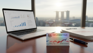 A photorealistic representation of an employment pass lying on a polished wooden desk, symbolizing business in Singapore. In the foreground, the employment pass features vibrant colors and official markings, with light reflecting softly off its surface. The middle ground includes a sleek laptop open to a business application, along with documents and a stylish pen, highlighting the professional setting. In the background, a blurred view of Singapore’s skyline through a large window, bathed in natural sunlight to create a warm atmosphere. The overall mood is one of professionalism and ambition, capturing the essence of entrepreneurship in Singapore.