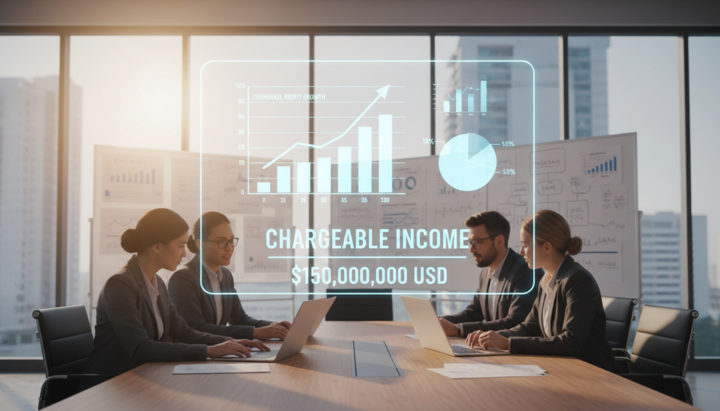 A photorealistic representation of "chargeable income" in an office setting. In the foreground, a diverse group of professionals in smart business attire are discussing financial documents, surrounded by laptops and charts that illustrate income calculations. The middle section features a large digital screen displaying graphs related to corporate taxation and growth, emphasizing the concept of chargeable income. The background shows a modern office skyline through large windows, filled with natural light, creating a bright and optimistic atmosphere. The perspective is slightly angled to capture a dynamic view of collaboration and innovation. Soft shadows enhance the professional ambiance, while warm lighting adds a welcoming feel. A photorealistic representation of "chargeable income" in an office setting. In the foreground, a diverse group of professionals in smart business attire are discussing financial documents, surrounded by laptops and charts that illustrate income calculations. The middle section features a large digital screen displaying graphs related to corporate taxation and growth, emphasizing the concept of chargeable income. The background shows a modern office skyline through large windows, filled with natural light, creating a bright and optimistic atmosphere. The perspective is slightly angled to capture a dynamic view of collaboration and innovation. Soft shadows enhance the professional ambiance, while warm lighting adds a welcoming feel.