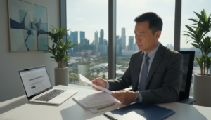 A photorealistic scene depicting a corporate bank account setup in Singapore. In the foreground, a modern office desk with a laptop open to a banking website, alongside neatly arranged documents and a sleek pen. A professional individual, a middle-aged Asian man in a well-fitted suit, is reviewing the documents with a focused expression. In the middle ground, a window reveals a panoramic view of Singapore's skyline, featuring iconic skyscrapers and lush greenery. Soft, natural sunlight filters through the glass, casting gentle shadows and creating a warm, inviting atmosphere. In the background, abstract art and indoor plants enhance the professional and contemporary feel of the office space, suggesting a sense of efficiency and reliability in the banking process.