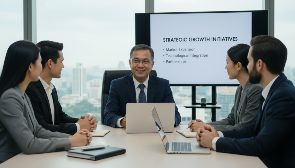 A photorealistic scene depicting a professional meeting in a modern office setting, centered around a confident and poised local nominee director. The nominee director, a middle-aged Southeast Asian man wearing a well-tailored navy suit and glasses, sits at a sleek conference table, engaged in a discussion with diverse foreign business partners. In the foreground, a notepad and pen are neatly placed next to a laptop. The middle ground features the director smiling and gesturing towards a presentation slide that highlights key business strategies. The background showcases large windows with a cityscape view of Singapore, casting soft, natural lighting across the room, creating an atmosphere of professionalism and innovation. Capture the essence of collaboration and strategic growth.