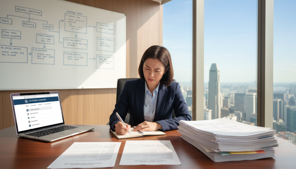 A photorealistic scene depicting a professional office environment focused on "licences registration." In the foreground, a polished wooden desk with neatly organized documents, including a business licence application and GST registration forms. A laptop is open, displaying a corporate website related to company incorporation. Middle ground features a well-dressed businesswoman, focused and writing notes, her expression serious and intent. In the background, a wall-mounted whiteboard filled with diagrams outlining the registration processes, and a window showing the skyline of Singapore. Bright, natural lighting floods the room, creating a productive and professional atmosphere. The camera angle is slightly elevated, giving an overview of the workspace while emphasizing the details of the paperwork on the desk.