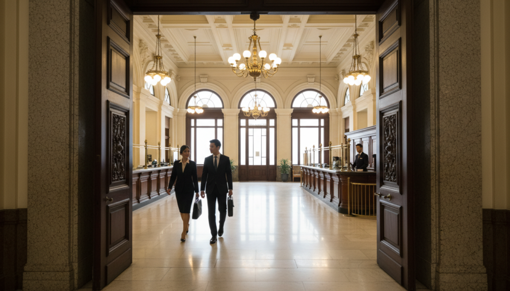 A photorealistic scene depicting a traditional bank in Singapore, showcasing its elegant architecture with colonial influences. In the foreground, a polished granite entrance with large wooden doors invites business professionals, dressed in formal business attire, to enter. The middle ground features a spacious lobby with high ceilings, marble floors, and vintage chandeliers, where a bank officer assists clients at an ornate wooden counter. In the background, large windows allow soft, natural light to flood in, highlighting the bank's historical details. The atmosphere is sophisticated and welcoming, reflecting the professionalism and reliability of traditional banking in Singapore. The photograph captures a wide-angle view, emphasizing depth and elegance without any text or distractions.