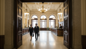 A photorealistic scene depicting a traditional bank in Singapore, showcasing its elegant architecture with colonial influences. In the foreground, a polished granite entrance with large wooden doors invites business professionals, dressed in formal business attire, to enter. The middle ground features a spacious lobby with high ceilings, marble floors, and vintage chandeliers, where a bank officer assists clients at an ornate wooden counter. In the background, large windows allow soft, natural light to flood in, highlighting the bank's historical details. The atmosphere is sophisticated and welcoming, reflecting the professionalism and reliability of traditional banking in Singapore. The photograph captures a wide-angle view, emphasizing depth and elegance without any text or distractions.