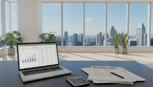 A photorealistic scene showcasing the concept of pricing in the context of virtual offices for company registration. In the foreground, a sleek, modern desk with a laptop displaying a financial spreadsheet and a calculator, symbolizing cost analysis. On the desk, a notepad with handwritten bullet points outlining various pricing tiers, emphasizing clarity and organization. The middle ground features a stylish office environment with large windows allowing natural light to flood in, creating a bright, professional atmosphere. In the background, a cityscape of Singapore, with recognizable skyscrapers, further anchoring the setting. Soft shadows cast by the sunlight create a warm, inviting mood, while elegant plants add a touch of greenery to the composition. The overall feel is clean, modern, and professional, perfect for illustrating pricing and contracts.