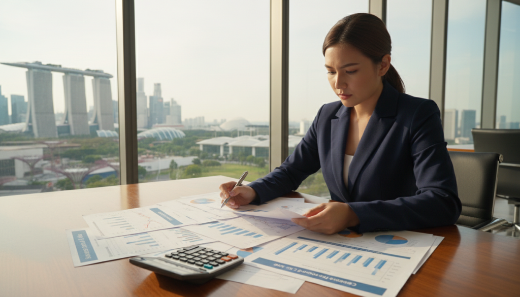 A photorealistic scene that visually represents the concept of "tax payable" in the context of corporate tax calculation in Singapore. In the foreground, a focused view of a calculator lying on a polished wooden desk, surrounded by financial documents with charts and graphs indicating growth, showing the corporate tax rate and current rebates calculations. In the middle ground, a professional businesswoman in business attire intently analyzing the figures, her face reflecting concentration. In the background, a modern office setting with large windows revealing a skyline of Singapore, bathed in soft, natural light to create an atmosphere of clarity and focus. The overall mood should convey diligence and professionalism, suitable for a tax-related discussion.