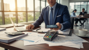 A professional banker in business attire is seated at a sleek wooden desk, surrounded by paperwork and a laptop, representing a business banking setup. The foreground features a close-up of a hand making a contactless payment with a modern smartphone, showcasing a digital payment app on the screen. In the middle, stacks of business documents, a calculator, and a coffee cup suggest a busy work environment, while a stylish pen lies next to the laptop. The background reveals a bright, inviting bank office with large windows allowing natural light to flood the space, creating a warm and optimistic atmosphere. The lens captures the scene with a slight depth of field, drawing attention to the payment action, highlighting the ease and professionalism associated with setting up business transactions.
