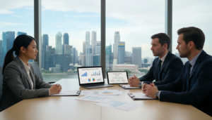 A professional business meeting in a modern office environment, focusing on the concept of "name exemption" from business registration. In the foreground, a diverse group of three individuals, one Asian woman and two Caucasian men, are engaged in a serious discussion around a conference table, displaying professional attire such as suits and blouses. In the middle, there are documents and a laptop open with graphs and charts related to business registration requirements. The background features large windows revealing a bright skyline of Singapore, symbolizing growth and opportunity. The lighting is soft and natural, creating a warm atmosphere of collaboration and focus, while emphasizing the urgency of regulatory compliance. The image is photorealistic with a slight depth of field to add emphasis to the individuals in the foreground.