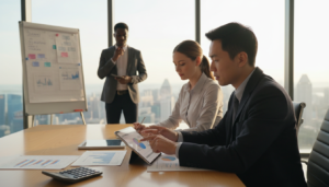 A professional business setting depicting a diverse group of three businesspeople engaged in discussion over tax exemption strategies, positioned in a well-lit office environment. In the foreground, a male and female business professional in formal attire are analyzing financial documents and charts displayed on a sleek conference table. The male, of Asian descent, gestures toward a pie chart representing chargeable income reduction, while the female, of Caucasian descent, takes notes. In the background, a large window reveals a panoramic view of Singapore's skyline, with a warm glow of sunlight filtering through, creating a productive and optimistic atmosphere. Use a standard lens with a slight depth of field to focus on the subjects while softly blurring the background. The overall mood conveys professionalism and teamwork in the context of financial strategy.