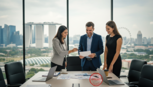 A professional business setting depicting the moment of company registration approval in Singapore. In the foreground, a diverse group of three professionals dressed in formal business attire—one woman in a smart blazer, one man in a tailored suit, and another woman in a classic dress—smiling as they review a document stamped with an official approval seal. In the middle, a modern conference table with laptops and company registration documents scattered neatly. The background features a glass-walled office with a view of the Singapore skyline, filled with iconic buildings under soft natural lighting. The mood conveys optimism and success, emphasizing the importance of moving forward in the business registration process. The scene is photorealistic, captured with a slight depth of field to focus on the individuals while softly blurring the background.