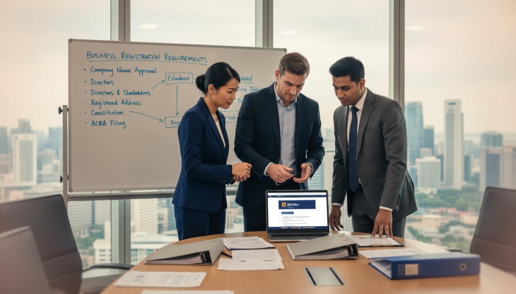 A professional business setting in Singapore, highlighting a business registration process. In the foreground, a diverse group of three people: a Southeast Asian woman, a Caucasian man, and an Indian man, all dressed in formal business attire, standing around a large conference table filled with organized documents and a laptop displaying the BizFile+ website. In the middle ground, a whiteboard filled with notes about business registration requirements. The background features a modern office with panoramic views of Singapore's skyline, flooded with natural light. The overall mood is focused and collaborative, emphasizing preparation and professionalism. Use a soft focus lens effect to convey warmth and approachability.