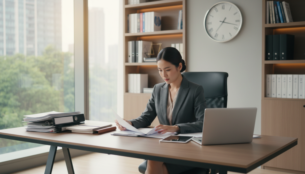 A professional company secretary at a sleek, modern office desk, engaged in organizing documents and digital files. In the foreground, showcase an elegantly dressed woman in a tailored business suit, intently focused on her tasks, with neatly stacked paperwork and a laptop open beside her. The middle layer features a large window casting natural light, with a blurred view of greenery outside, enhancing the office atmosphere. In the background, minimalist office decor includes bookshelves with corporate literature and a large clock indicating the passage of time. The lighting is bright yet warm, creating an inviting and productive mood. The angle captures an inviting perspective, highlighting both the secretary's diligence and the organized workspace around her. Aim for a photorealistic style, emphasizing professionalism and efficiency in an urban setting. A professional company secretary at a sleek, modern office desk, engaged in organizing documents and digital files. In the foreground, showcase an elegantly dressed woman in a tailored business suit, intently focused on her tasks, with neatly stacked paperwork and a laptop open beside her. The middle layer features a large window casting natural light, with a blurred view of greenery outside, enhancing the office atmosphere. In the background, minimalist office decor includes bookshelves with corporate literature and a large clock indicating the passage of time. The lighting is bright yet warm, creating an inviting and productive mood. The angle captures an inviting perspective, highlighting both the secretary's diligence and the organized workspace around her. Aim for a photorealistic style, emphasizing professionalism and efficiency in an urban setting.