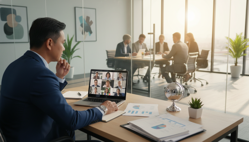 A professional director seated at a contemporary office desk, focused on a laptop, with documents and a business globe scattered around. The director, a middle-aged Southeast Asian man in smart business attire, appears engaged in a video conference, showcasing a clear, confident demeanor. The foreground features the director’s hand poised over a document, emphasizing organization and attentiveness. In the middle ground, a modern conference room can be seen through a glass wall, with team members collaborating in the background. Natural light streams through large windows, creating a warm, inviting atmosphere. The camera angle is slightly elevated, capturing both the director and the collaborative workspace, rich in details like potted plants and modern decor, conveying a mood of professionalism and efficiency. A professional director seated at a contemporary office desk, focused on a laptop, with documents and a business globe scattered around. The director, a middle-aged Southeast Asian man in smart business attire, appears engaged in a video conference, showcasing a clear, confident demeanor. The foreground features the director’s hand poised over a document, emphasizing organization and attentiveness. In the middle ground, a modern conference room can be seen through a glass wall, with team members collaborating in the background. Natural light streams through large windows, creating a warm, inviting atmosphere. The camera angle is slightly elevated, capturing both the director and the collaborative workspace, rich in details like potted plants and modern decor, conveying a mood of professionalism and efficiency.