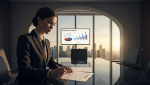 A professional director standing confidently in an office environment, dressed in a tailored dark suit and crisp white shirt, exuding authority and competence. In the foreground, focus on the director, who is reviewing documents on a sleek glass table, showcasing the importance of governance and compliance. The middle ground features a modern conference room with a large presentation screen displaying charts and graphs, symbolizing progress and strategy. In the background, large windows offer a panoramic view of Singapore's skyline during golden hour, casting warm light that creates a professional and inspirational atmosphere. The scene is shot with a slight perspective angle, emphasizing depth and engagement, while the overall mood is one of diligence and professionalism, highlighting effective leadership in a corporate setting.