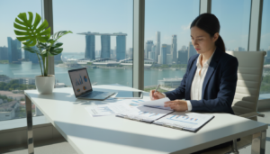 A professional individual seated at a sleek, modern desk in a well-lit office, examining paperwork related to tax residency. This person, dressed in business attire, appears focused and thoughtful, surrounded by financial documents, a laptop with graphs on the screen, and a stylish potted plant. In the background, a large window reveals a panoramic view of Singapore's skyline with its iconic architecture, hinting at a thriving business environment. The lighting is bright and inviting, with soft shadows enhancing the professional ambiance. The overall mood conveys diligence and clarity about tax matters, suitable for the theme of startup tax incentives and residency qualifications.