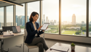 A professional local director seated at a sleek, modern desk in a well-lit office environment, dressed in smart business attire. The foreground features a polished wooden table with a laptop open, and documents about business registrations are neatly arranged beside a small potted plant. In the middle, the director is focused on a tablet, showcasing a confident demeanor while reviewing key requirements for company appointments. In the background, large windows allow natural light to filter through, illuminating a cityscape of Singapore, with skyscrapers and greenery visible. The atmosphere is professional yet inviting, with warm lighting to create a productive mood, captured from a slightly angled perspective to add depth to the scene.