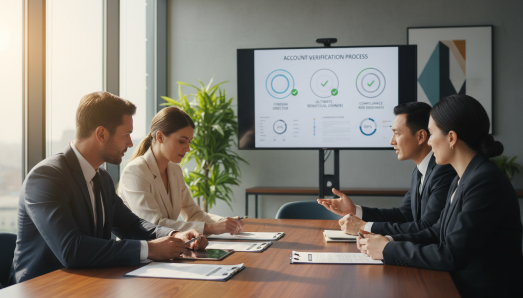 A professional office environment depicting a diverse group of business professionals, including a foreign director and ultimate beneficial owners (UBOs) engaged in a discussion about eligibility verification for a corporate bank account. In the foreground, a well-dressed man and woman are reviewing documents on a polished conference table, with focused expressions, illuminated by warm natural light. In the middle ground, a large screen displays charts and icons representing eligibility requirements. The background features modern office decor, including plants and abstract art, creating a welcoming atmosphere. The scene captures a sense of professionalism, collaboration, and clarity, aiming for a photorealistic style, with soft focus on the background to emphasize the subjects’ interaction. A professional office environment depicting a diverse group of business professionals, including a foreign director and ultimate beneficial owners (UBOs) engaged in a discussion about eligibility verification for a corporate bank account. In the foreground, a well-dressed man and woman are reviewing documents on a polished conference table, with focused expressions, illuminated by warm natural light. In the middle ground, a large screen displays charts and icons representing eligibility requirements. The background features modern office decor, including plants and abstract art, creating a welcoming atmosphere. The scene captures a sense of professionalism, collaboration, and clarity, aiming for a photorealistic style, with soft focus on the background to emphasize the subjects’ interaction.