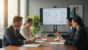A professional office environment depicting a diverse group of business professionals, including a foreign director and ultimate beneficial owners (UBOs) engaged in a discussion about eligibility verification for a corporate bank account. In the foreground, a well-dressed man and woman are reviewing documents on a polished conference table, with focused expressions, illuminated by warm natural light. In the middle ground, a large screen displays charts and icons representing eligibility requirements. The background features modern office decor, including plants and abstract art, creating a welcoming atmosphere. The scene captures a sense of professionalism, collaboration, and clarity, aiming for a photorealistic style, with soft focus on the background to emphasize the subjects’ interaction.