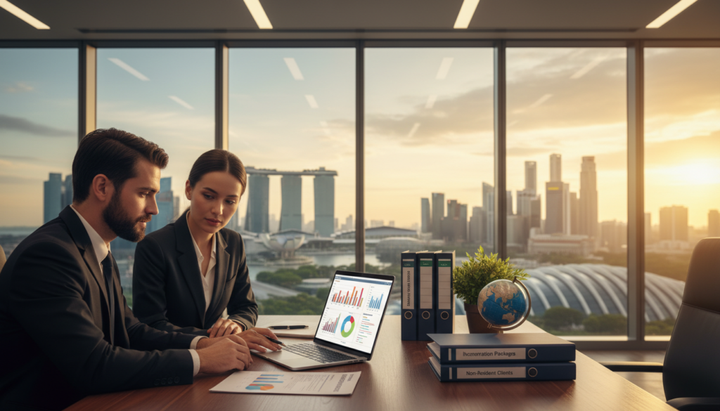 A professional office environment showcasing a diverse team of business experts engaged in incorporation services for non-residents. In the foreground, a male and female consultant in professional attire discuss over a laptop, using charts and documents with incorporation details. The middle ground features an organized desk with folders labeled "Incorporation Packages," a globe, and a decorative plant. In the background, large windows reveal a skyline view of Singapore's iconic buildings, bathed in warm natural light. The setting conveys a sense of trust and professionalism, with soft lighting creating an inviting atmosphere. The image should have a photorealistic quality, emphasizing clarity and detail while maintaining a collaborative mood.