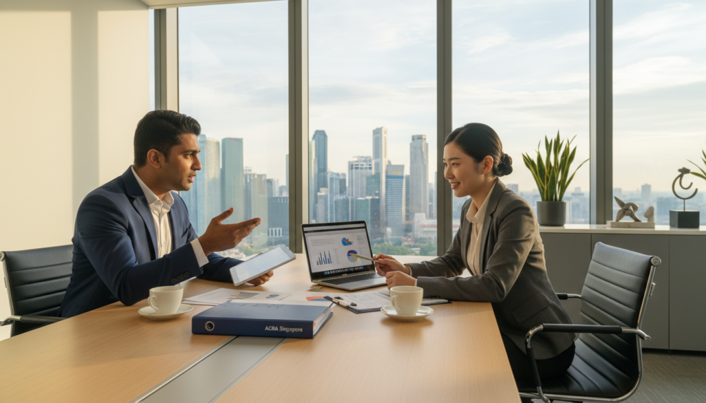 A professional office environment showcasing a foreign entrepreneur discussing business setup options with a resident director in Singapore. In the foreground, the entrepreneur, a South Asian man in business attire, is actively engaging with the resident director, a Chinese woman dressed in smart business attire. The middle ground features a modern conference table with laptops, business documents, and a Singapore skyline view through large windows, symbolizing urban entrepreneurship. The background includes sleek office decor and green plants, conveying a vibrant, professional atmosphere. Soft, natural light filters in, creating a warm and inviting mood. The scene is shot from a slight angle, capturing both figures and their interaction, emphasizing collaboration in a business context. Photorealistic details bring the setting to life.