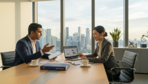A professional office environment showcasing a foreign entrepreneur discussing business setup options with a resident director in Singapore. In the foreground, the entrepreneur, a South Asian man in business attire, is actively engaging with the resident director, a Chinese woman dressed in smart business attire. The middle ground features a modern conference table with laptops, business documents, and a Singapore skyline view through large windows, symbolizing urban entrepreneurship. The background includes sleek office decor and green plants, conveying a vibrant, professional atmosphere. Soft, natural light filters in, creating a warm and inviting mood. The scene is shot from a slight angle, capturing both figures and their interaction, emphasizing collaboration in a business context. Photorealistic details bring the setting to life.