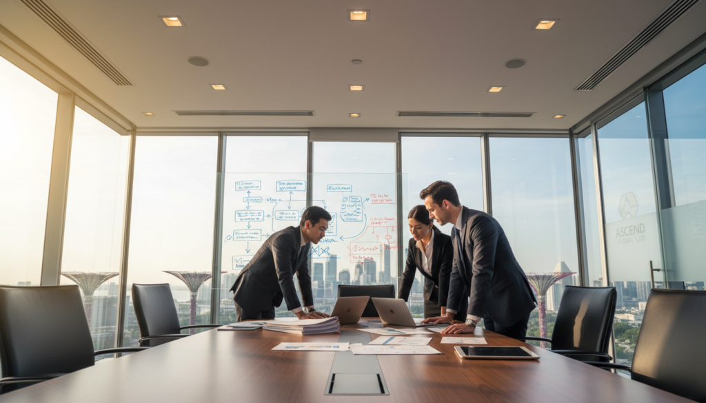 A professional office environment showcasing a private limited company setup, with a spacious modern conference room filled with sleek furniture. In the foreground, a diverse group of three business professionals (two men and one woman) dressed in formal business attire, engaged in a strategic discussion around a large table decorated with documents and a laptop. In the middle, a large whiteboard filled with charts and graphics detailing business structure diagrams. The background features floor-to-ceiling windows offering a panoramic view of Singapore's skyline, with natural light flooding the room, creating a warm and inviting atmosphere. The camera is positioned at a low angle to emphasize the importance of decision-making in a corporate setting, conveying a mood of focus and professionalism. A professional office environment showcasing a private limited company setup, with a spacious modern conference room filled with sleek furniture. In the foreground, a diverse group of three business professionals (two men and one woman) dressed in formal business attire, engaged in a strategic discussion around a large table decorated with documents and a laptop. In the middle, a large whiteboard filled with charts and graphics detailing business structure diagrams. The background features floor-to-ceiling windows offering a panoramic view of Singapore's skyline, with natural light flooding the room, creating a warm and inviting atmosphere. The camera is positioned at a low angle to emphasize the importance of decision-making in a corporate setting, conveying a mood of focus and professionalism.