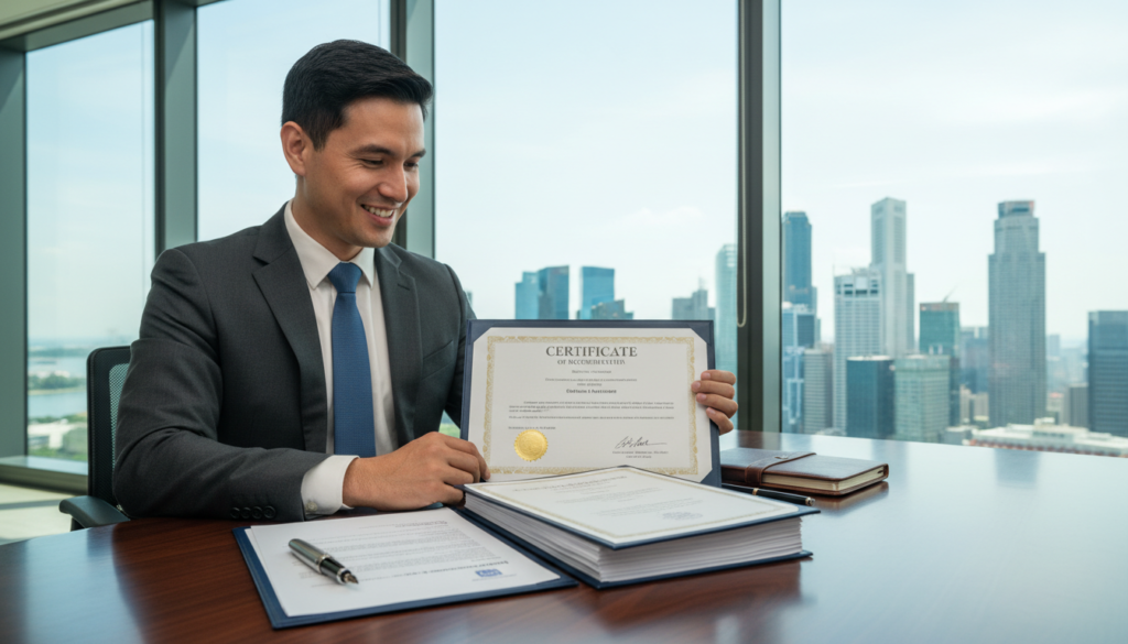 A professional office scene showcasing a business profile setup. In the foreground, an elegant wooden desk displays a set of official documents, including a certificate of incorporation and official extracts, neatly arranged with a polished pen beside them. In the middle, a business professional dressed in formal attire, such as a tailored suit, smiles while reviewing the documents. The background features a modern office with large windows allowing natural light to stream in, casting soft shadows. A cityscape of Singapore is visible through the glass, adding to the atmosphere of professionalism. The lighting is bright and inviting, highlighting the details of the documents and the expression of satisfaction on the professional's face. Photorealistic rendering with a slight focus blur on the background to emphasize the importance of the documents. A professional office scene showcasing a business profile setup. In the foreground, an elegant wooden desk displays a set of official documents, including a certificate of incorporation and official extracts, neatly arranged with a polished pen beside them. In the middle, a business professional dressed in formal attire, such as a tailored suit, smiles while reviewing the documents. The background features a modern office with large windows allowing natural light to stream in, casting soft shadows. A cityscape of Singapore is visible through the glass, adding to the atmosphere of professionalism. The lighting is bright and inviting, highlighting the details of the documents and the expression of satisfaction on the professional's face. Photorealistic rendering with a slight focus blur on the background to emphasize the importance of the documents.