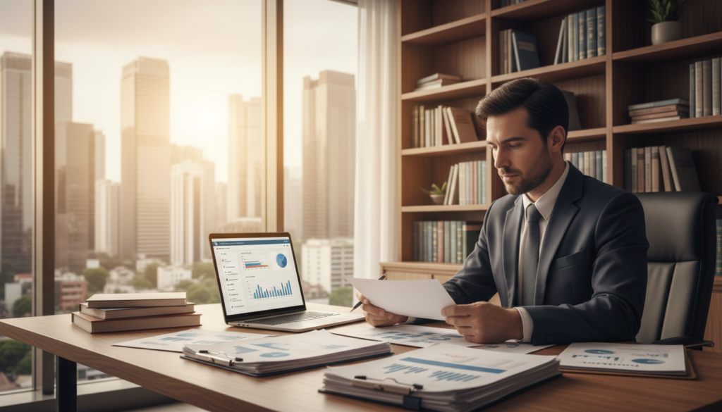 A professional office setting showcasing a traditional bank business account. In the foreground, a clean wooden desk features a neatly arranged stack of documents, business plans, and a laptop open to a banking interface. A formal business person, dressed in smart attire, is seated at the desk, reviewing financial statements with a thoughtful expression. In the middle ground, a large window allows natural light to flood in, illuminating a modern cityscape with skyscrapers, symbolizing the bustling business environment. The background includes a well-organized bookshelf filled with financial reference books. The image conveys an atmosphere of professionalism, trust, and stability, suitable for startups considering traditional banking options. The lighting is warm and inviting, creating a sense of focus and productivity.