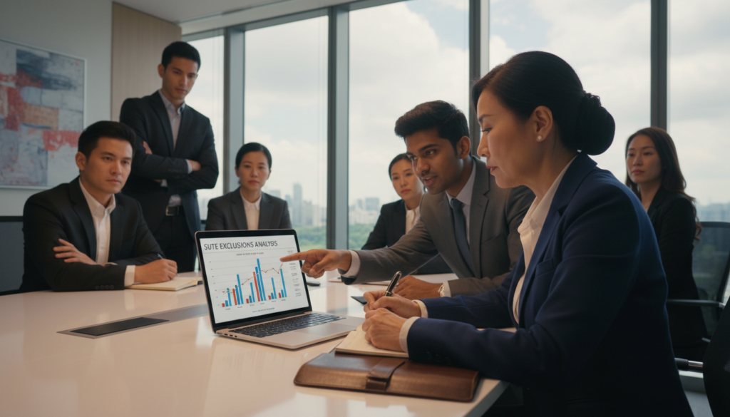 A professional office setting where a diverse group of business professionals are engaged in a serious discussion around a conference table. The foreground features a middle-aged Asian woman in a smart blazer making notes on a notepad, highlighted by warm lighting that enhances the details of her focused expression. In the middle, a young South Asian man in formal attire is pointing at a laptop screen displaying complex financial graphs, symbolizing insights into SUTE exclusions. The background shows a sleek, modern office with large windows allowing natural light to flood in, overlooking the Singapore skyline. The overall atmosphere conveys a sense of urgency and professionalism, emphasizing the serious nature of tax exemption discussions. The image is photorealistic with a sharp focus and depth of field enhancing the key subjects while softly blurring the background, creating a dynamic composition.