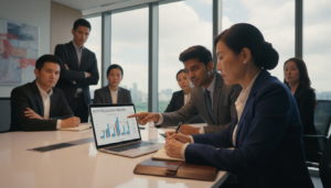 A professional office setting where a diverse group of business professionals are engaged in a serious discussion around a conference table. The foreground features a middle-aged Asian woman in a smart blazer making notes on a notepad, highlighted by warm lighting that enhances the details of her focused expression. In the middle, a young South Asian man in formal attire is pointing at a laptop screen displaying complex financial graphs, symbolizing insights into SUTE exclusions. The background shows a sleek, modern office with large windows allowing natural light to flood in, overlooking the Singapore skyline. The overall atmosphere conveys a sense of urgency and professionalism, emphasizing the serious nature of tax exemption discussions. The image is photorealistic with a sharp focus and depth of field enhancing the key subjects while softly blurring the background, creating a dynamic composition.