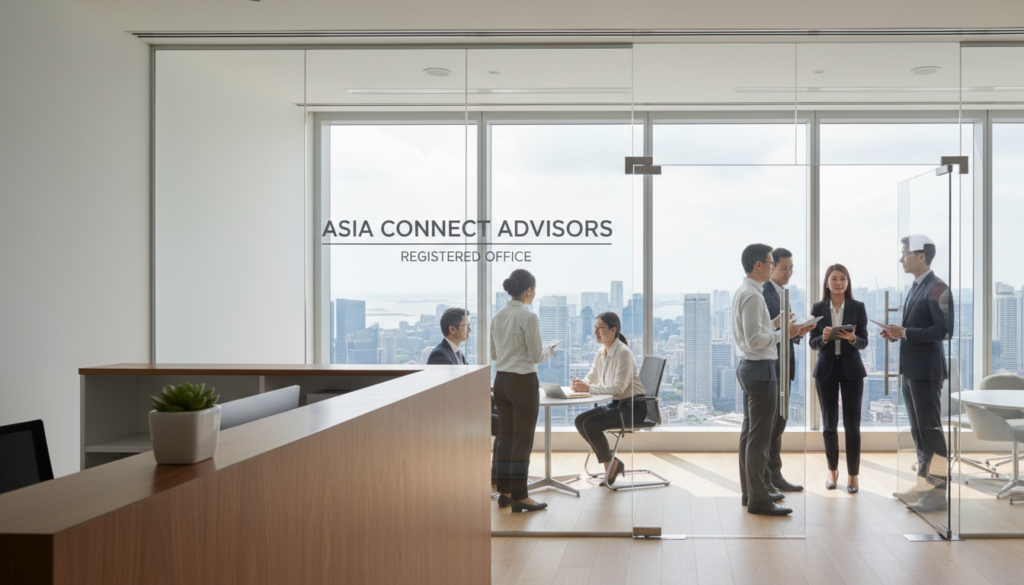 A professional office space in Singapore, showcasing a modern registered office address. In the foreground, a sleek wooden reception desk with a minimalistic design, adorned with a small potted plant for a touch of greenery. The middle features a glass partition with the company name displayed elegantly, while business professionals in smart business attire are engaged in discussion. The background shows a panoramic view of the Singapore skyline through large windows, filled with natural light, casting soft shadows across the room. The atmosphere is calm and focused, conveying efficiency and professionalism. The lighting is bright and inviting, highlighting the contemporary furnishings. Ideal for a corporate environment, this setting embodies the concept of remote business operations. A professional office space in Singapore, showcasing a modern registered office address. In the foreground, a sleek wooden reception desk with a minimalistic design, adorned with a small potted plant for a touch of greenery. The middle features a glass partition with the company name displayed elegantly, while business professionals in smart business attire are engaged in discussion. The background shows a panoramic view of the Singapore skyline through large windows, filled with natural light, casting soft shadows across the room. The atmosphere is calm and focused, conveying efficiency and professionalism. The lighting is bright and inviting, highlighting the contemporary furnishings. Ideal for a corporate environment, this setting embodies the concept of remote business operations.