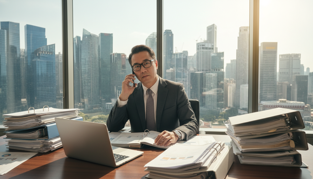 A professional resident director in a modern office setting, dressed in a tailored business suit, sitting at a polished wooden desk overflowing with paperwork and a laptop. The director, a middle-aged Asian man with glasses, is engaged in a phone conversation, exuding an air of authority and competence. In the background, sleek glass windows reveal a view of Singapore's skyline; tall buildings glimmer in the sunlight, creating a vibrant urban atmosphere. Soft natural light illuminates the scene, casting a warm glow across the room. The angle is slightly tilted to capture both the director's focused expression and the city's dynamic energy, encapsulating the essence of business leadership in Singapore.