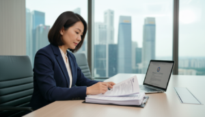 A professional resident director in a modern office setting, seated at a sleek conference table, reviewing incorporation documents. The director, a middle-aged Asian woman, dressed in a tailored navy blue business suit, exudes confidence. On the table are stacks of paperwork, including company registration forms and a laptop displaying a corporate website. In the background, a large window provides a view of Singapore's skyline, with skyscrapers reflecting sunlight, creating a bright and inviting atmosphere. The lighting is soft and natural, highlighting the director's focused expression. The image is composed with a shallow depth of field, ensuring the director is the clear focal point against a slightly blurred backdrop, conveying a professional and authoritative mood.